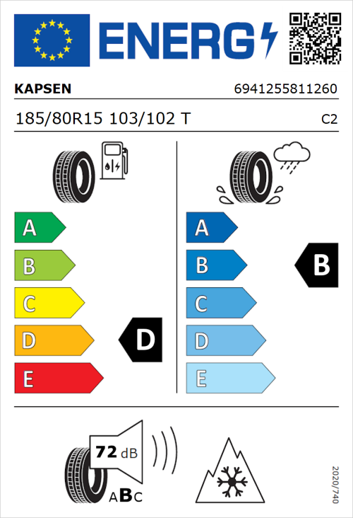 Tyre Label for Kapsen RS01 185/80R15 103/102T